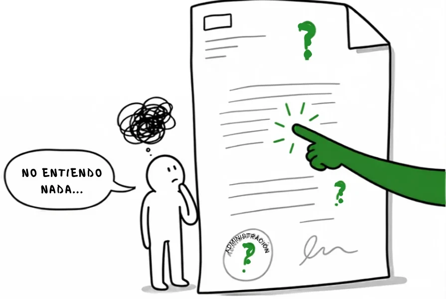 Dibujo: una persona confundida ante una carta de la Administración; una mano verde señala la parte importante
