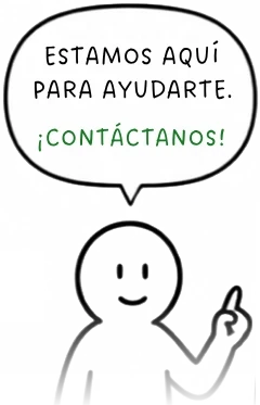 Dibujo: persona sonriente con un bocadillo que dice «Estamos aquí para ayudarte. ¡Contáctanos!»