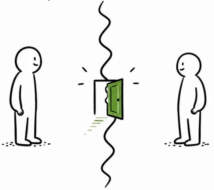 Dibujo: dos personas separadas por una grieta en la que se abre una puerta verde
