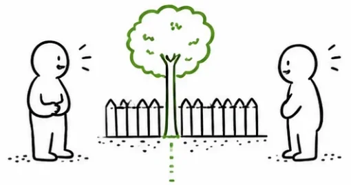 Dibujo: dos vecinos a cada lado de una valla con un árbol en la linde